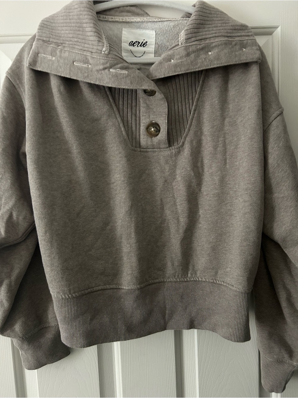 Aerie Taupe Button-Front Ribbed Pullover